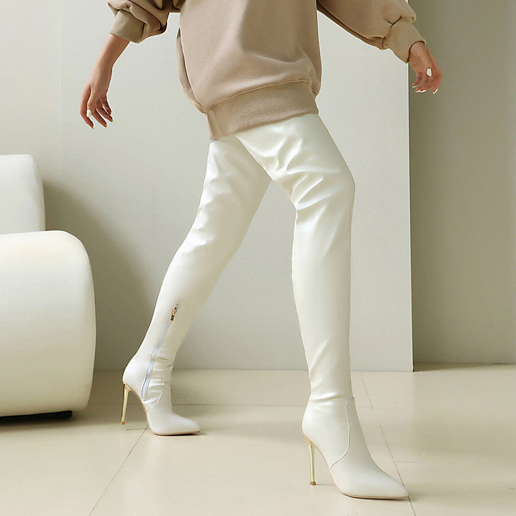 Golden Heir slimming pointed-toe over-the-knee boots with stiletto heels, showcasing sleek black leather design and tall silhouette.