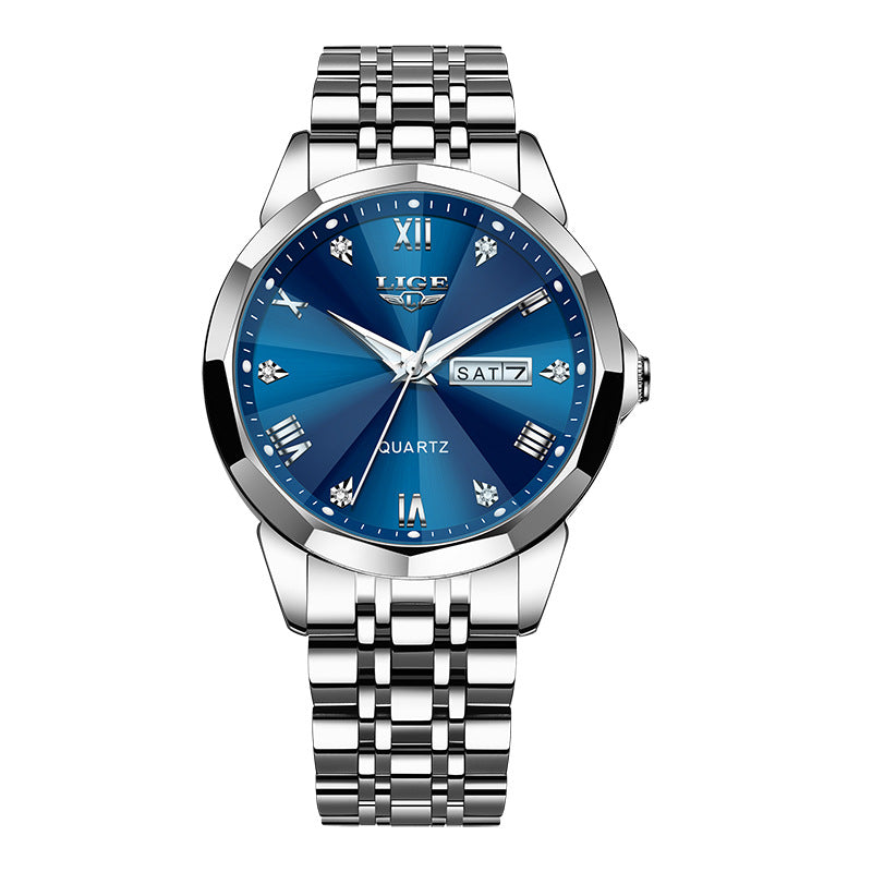 Golden Heir men's waterproof luminous quartz watch with dual calendar display, featuring a sleek watch face and durable strap.