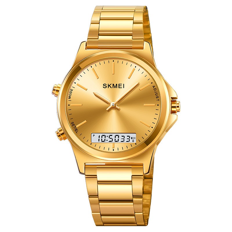 Golden Heir men's business-style multi-function steel-band watch showing a sleek black dial with chronograph features and a stainless steel strap.