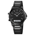 Golden Heir men's business-style steel-band watch with a sleek black dial and silver metal strap.