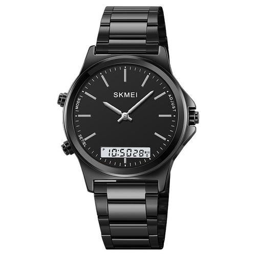 Golden Heir men's business-style steel-band watch with a sleek black dial and silver metal strap.