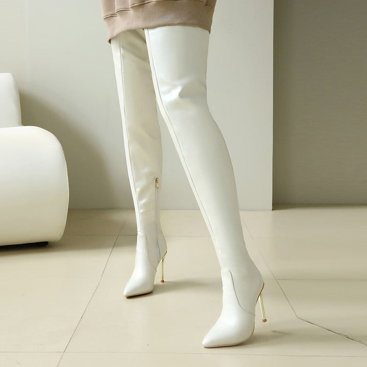 Golden Heir pointed-toe over-the-knee boots with stiletto heels, slim fit and sleek design, perfect for stylish outfits.