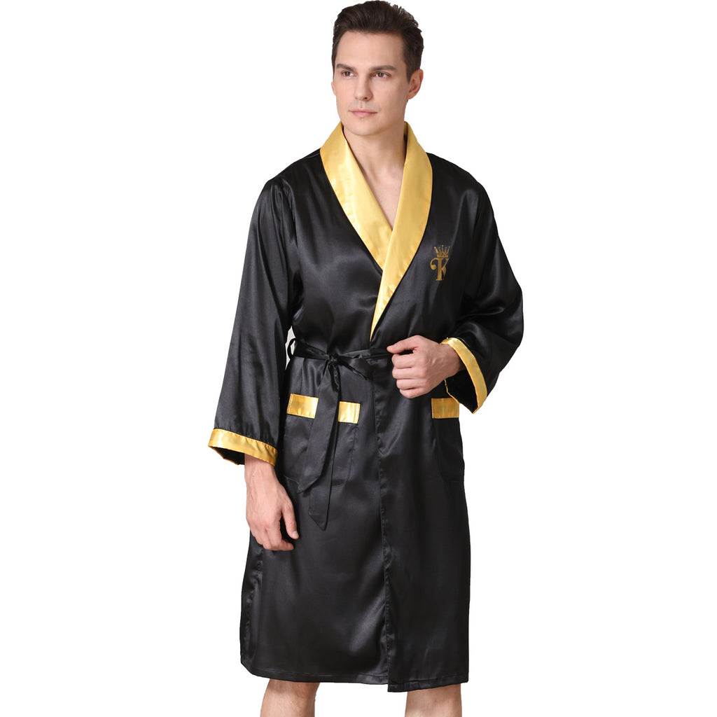 Golden Heir men's summer silk bathrobe and pajamas set, lightweight and comfortable, displayed on a hanger with a soft fabric texture.