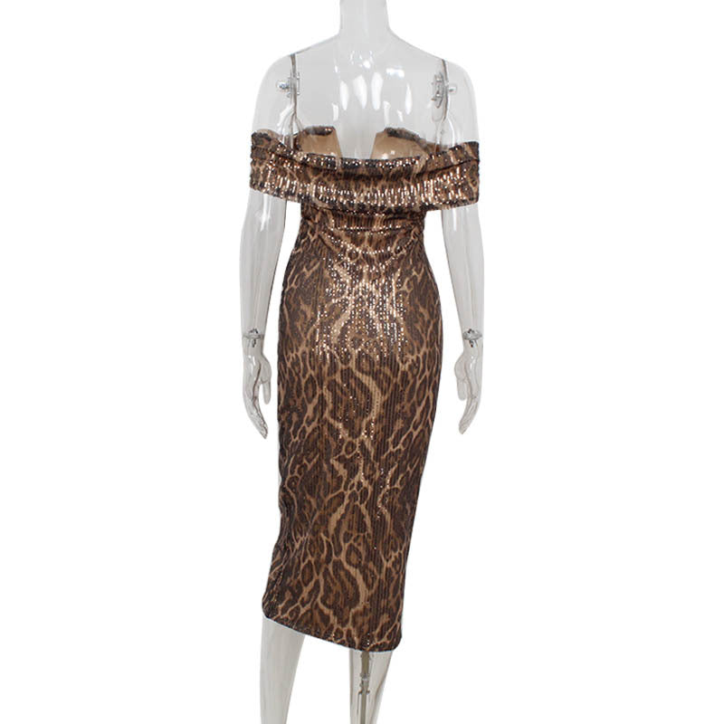 Golden Heir women's leopard-print evening dress featuring off-shoulder and V-neck design, perfect for stylish formal occasions.