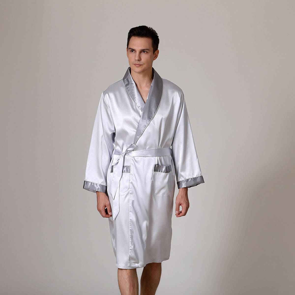 Golden Heir men's summer silk bathrobe nightgown pajamas, lightweight and comfortable with smooth silk fabric and relaxed fit.