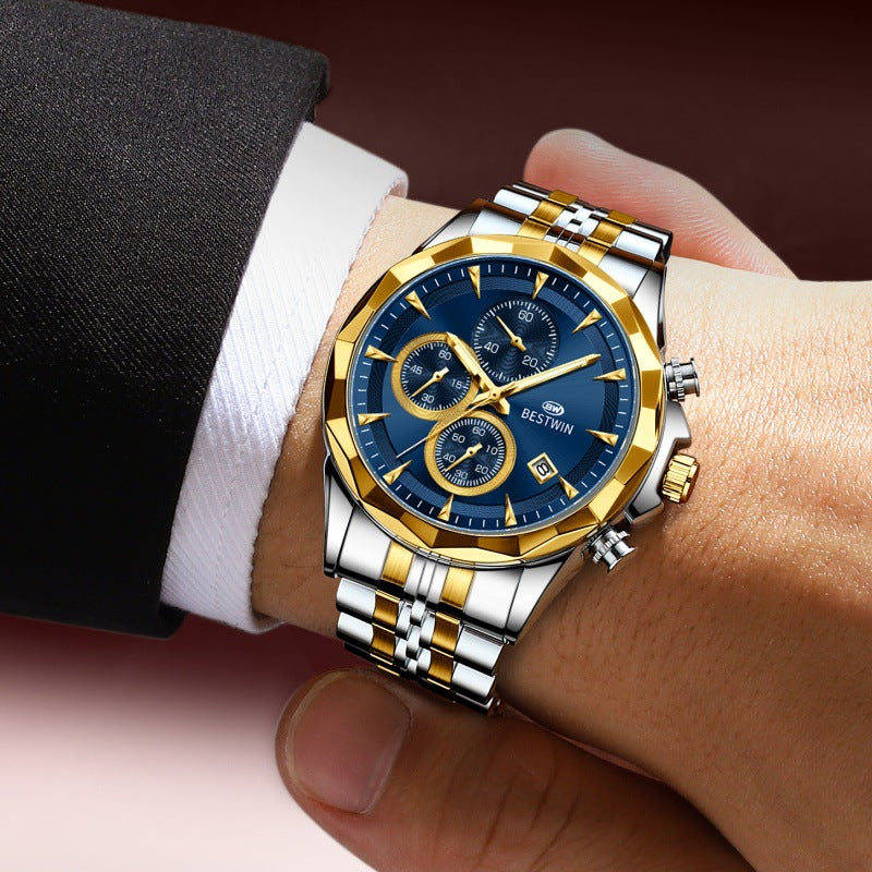 Golden Heir men's luminous six-hand personalized watch with stylish design and eye-catching features, showcasing the watch face and band.