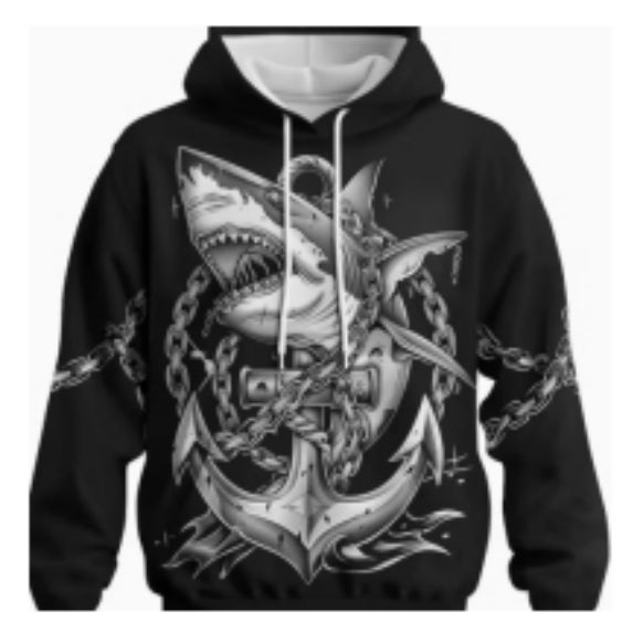Men's Golden Heir hoodie featuring a 3D shark pattern, with a front view showing the detailed shark design on the hoodie.