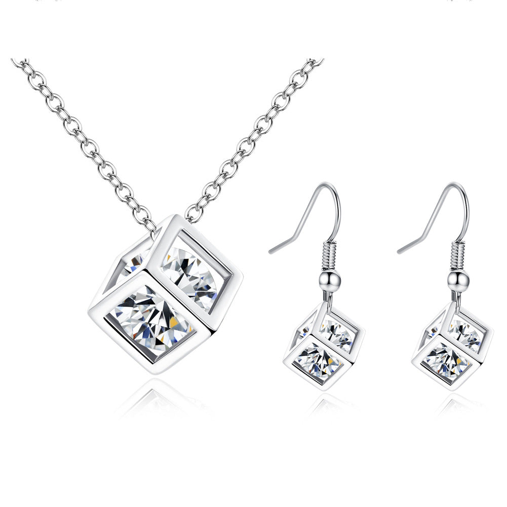 Golden Heir Water Cube Zircon Jewelry Set featuring a necklace and earrings with sparkling cubic zirconia stones.