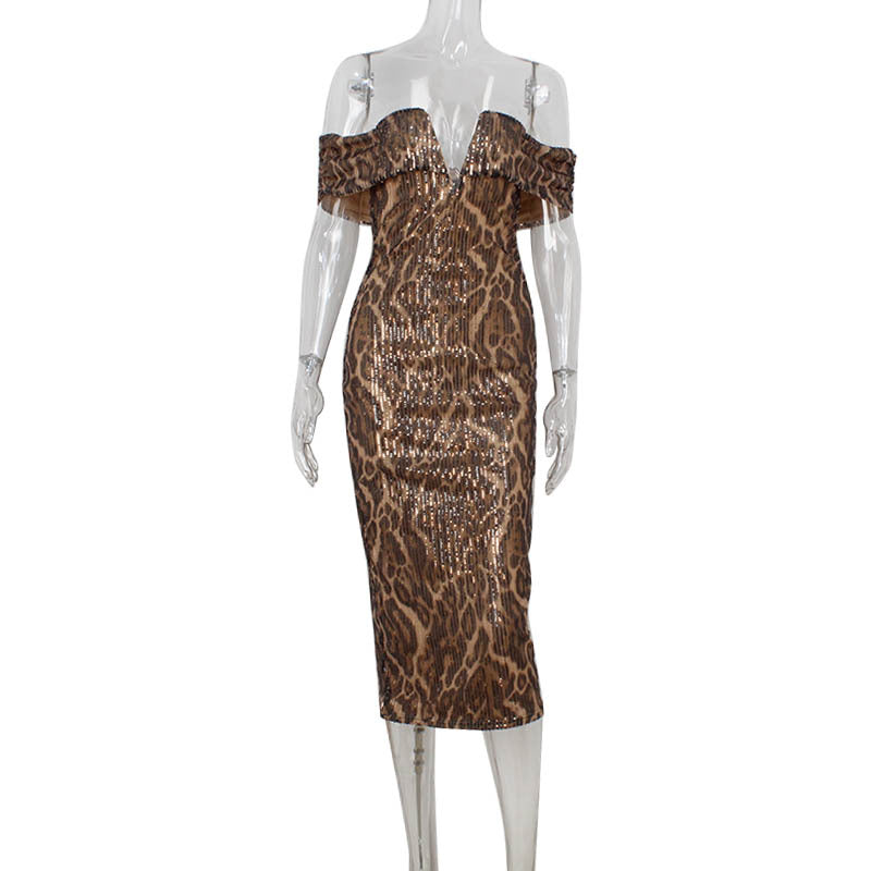Golden Heir women's leopard-print evening gown with off-shoulder and V-neck design, showcasing a stylish and elegant dress.
