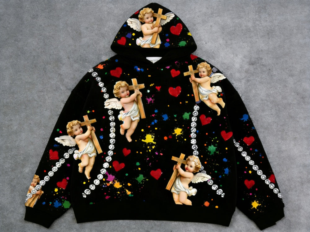 Golden Heir hooded men's sweatshirt with a Little Angel print, featuring a cozy hood and casual fit.