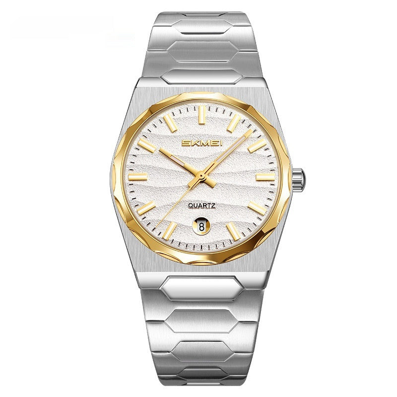 Golden Heir men's watch with a steel band, featuring a calendar function and analog display.