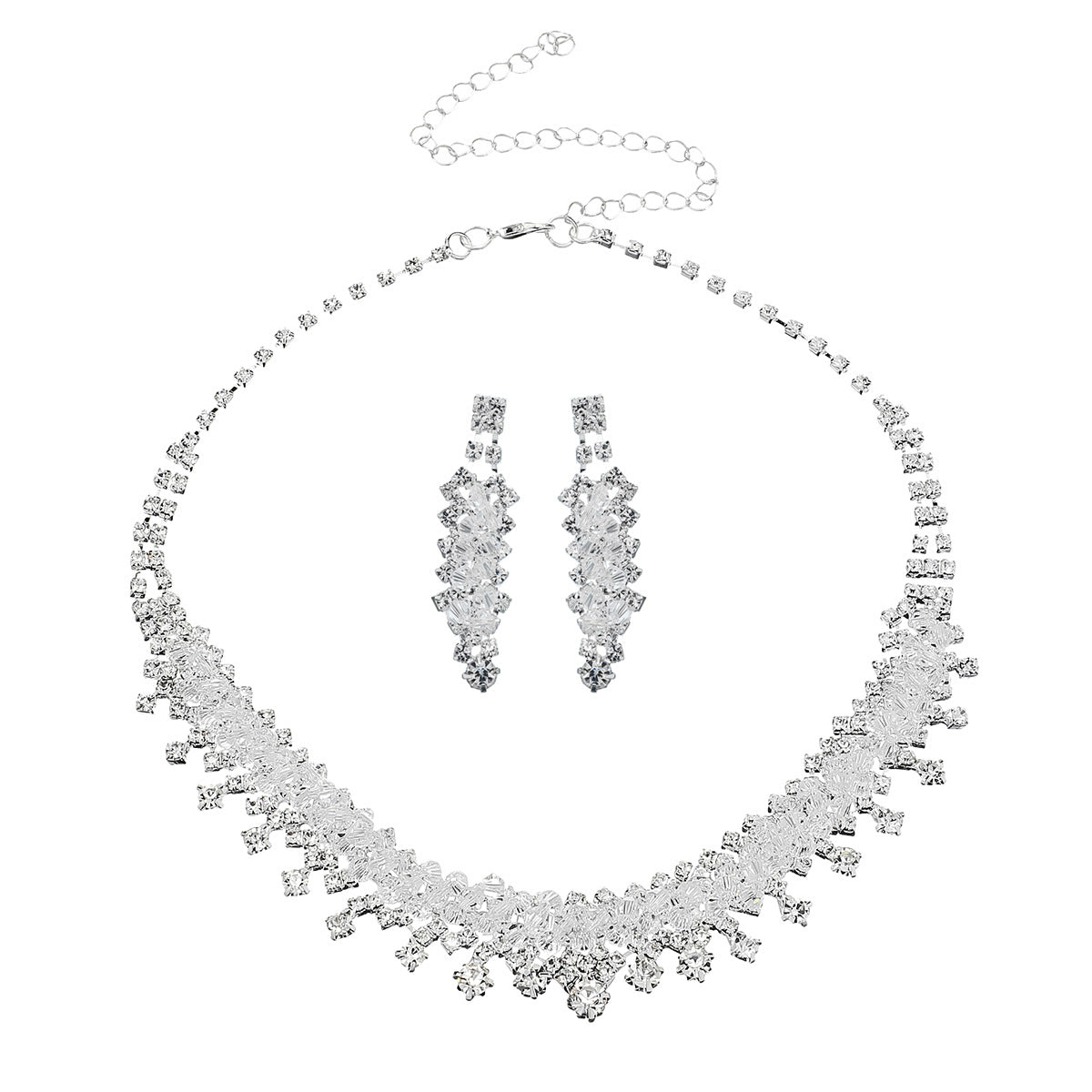 Elegant wedding jewelry set by Golden Heir featuring matching necklace and earrings with sparkling gemstones.