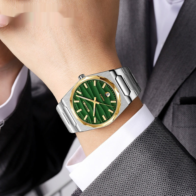 Golden Heir men's watch with a steel band and calendar function, featuring a sleek, modern design.