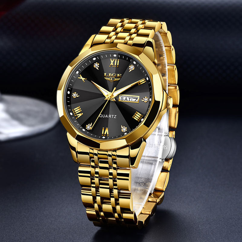 Golden Heir men's dual-calendar waterproof luminous quartz watch with black dial and metal strap, showing time and date display