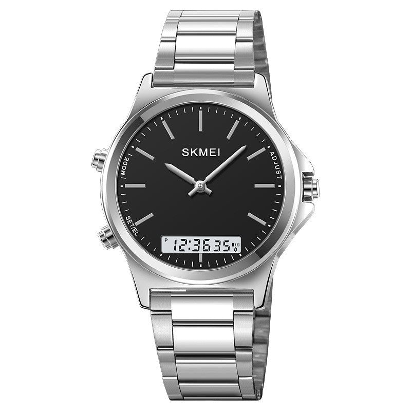 Golden Heir men's business-style multi-function steel-band watch with a sleek black dial and silver stainless steel strap.