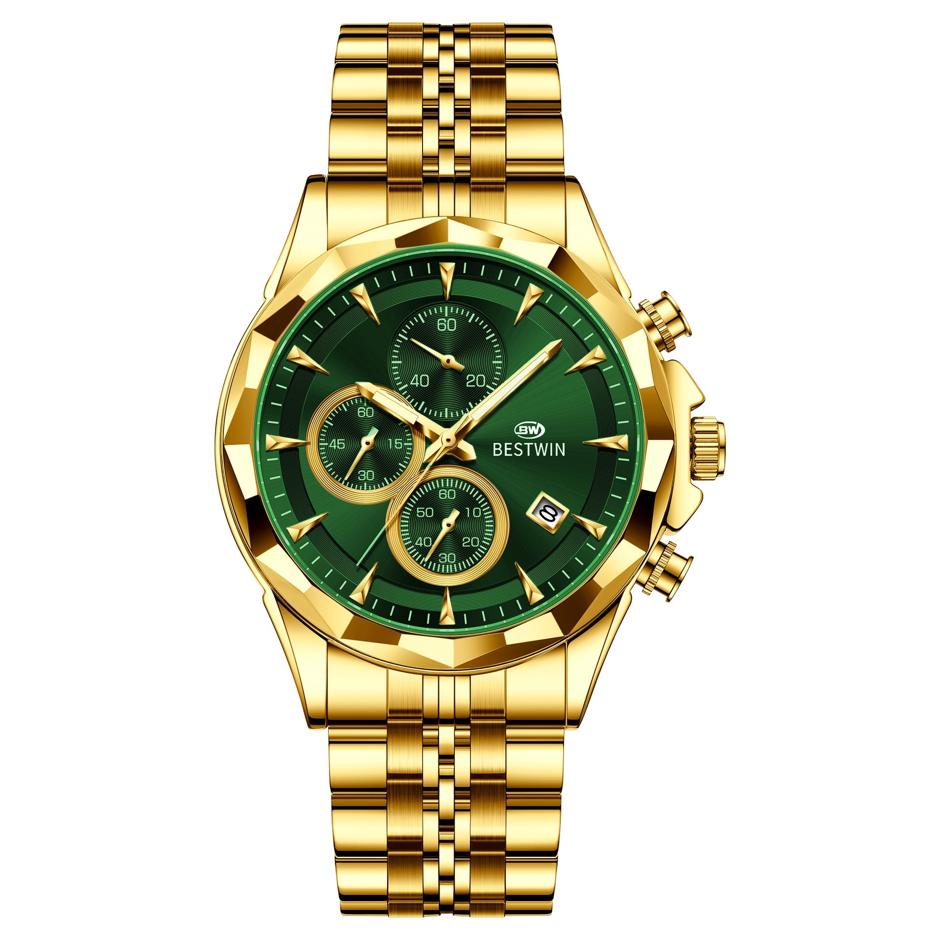 Golden Heir men's luminous six-hand personalized watch with stylish design and eye-catching dial, showcasing a sophisticated timepiece.