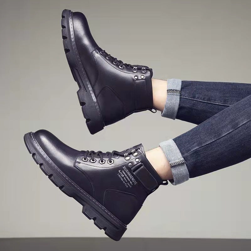 Golden Heir men's mid to high-top Korean style boots with leather and decorative stitching on a neutral background.