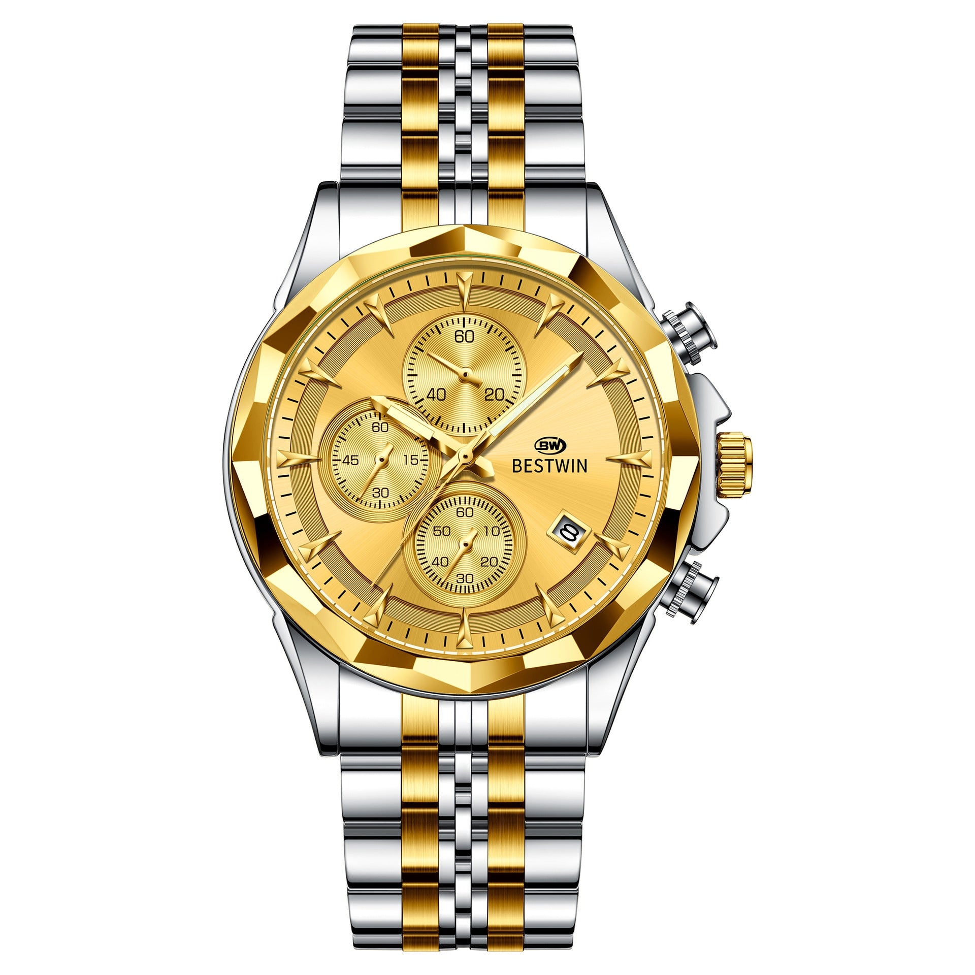 Golden Heir men's luminous six-hand personalized watch with stylish design, featuring glowing hands and a sleek, eye-catching face.