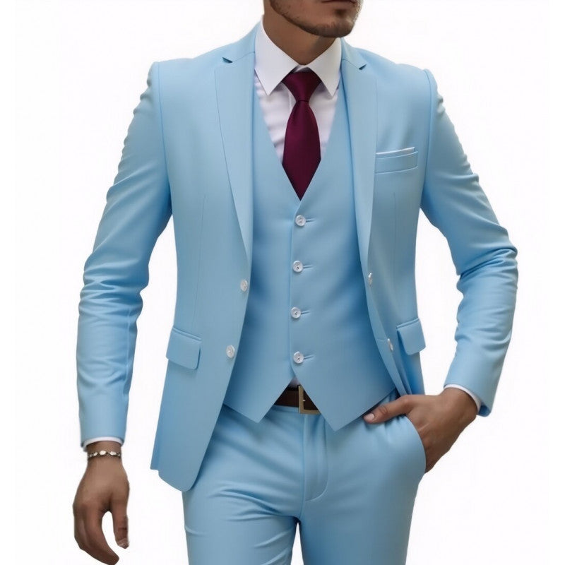 Golden Heir three-piece men's wedding best man suit with matching blazer, dress shirt, and trousers displayed on a hanger.