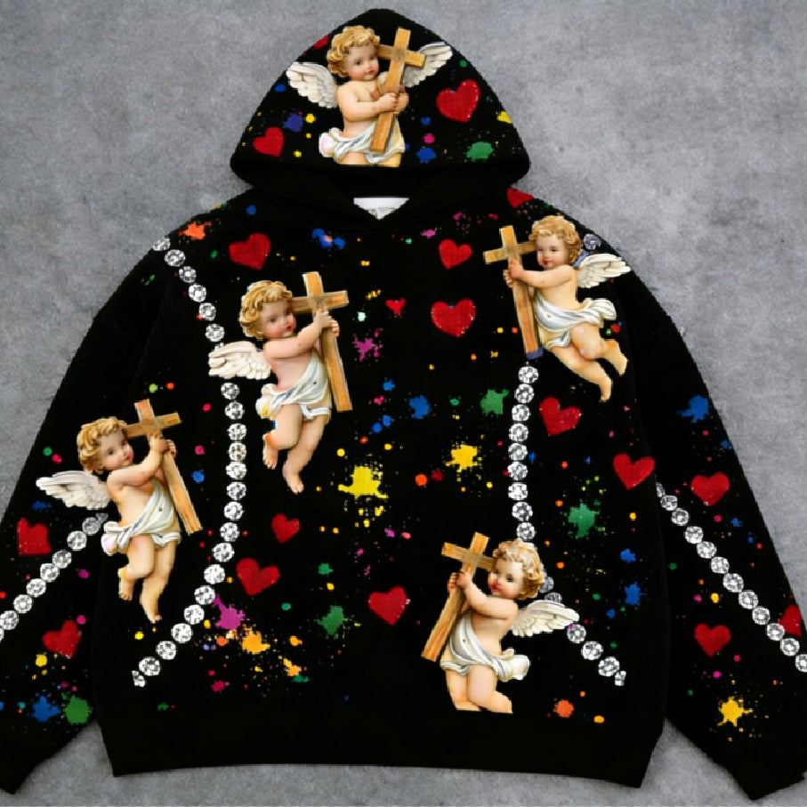 Golden Heir men's hooded sweatshirt with a little angel print and hood, made from soft fabric for comfort and style.