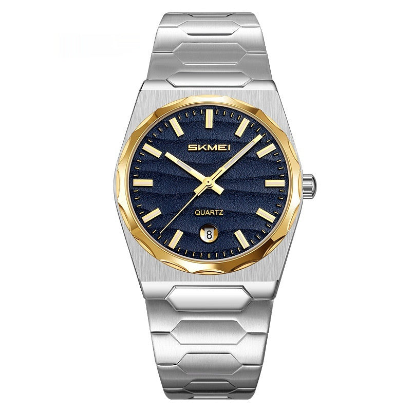 Golden Heir men's watch with a stainless steel band and calendar function, featuring a sleek, modern design.