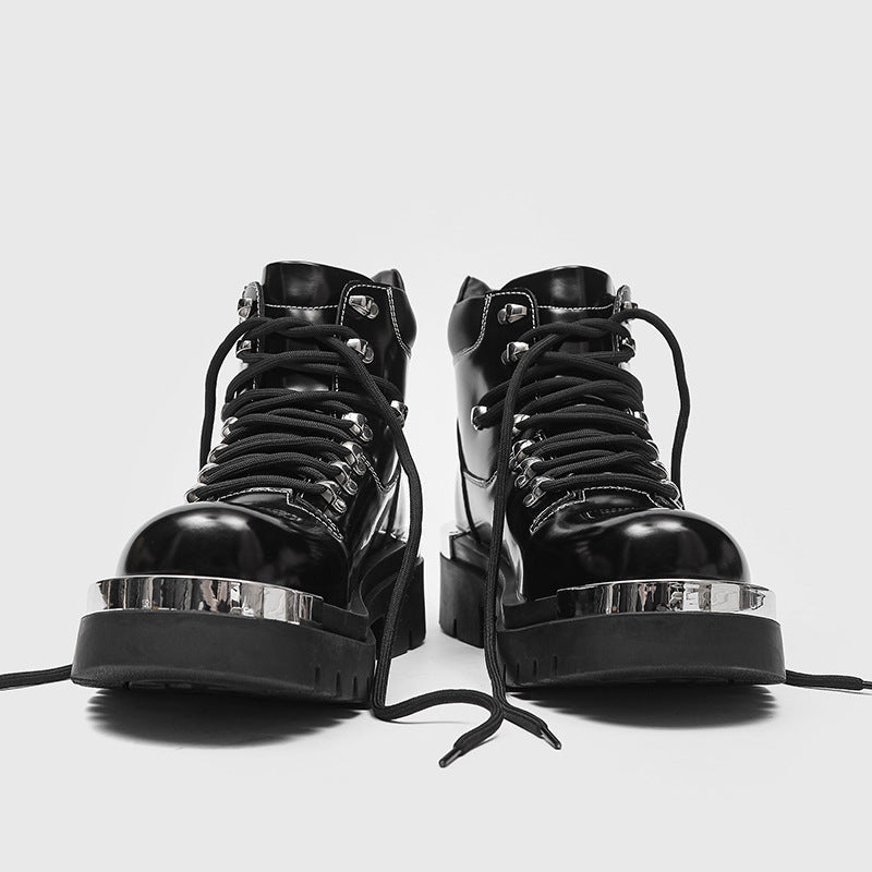 Golden Heir men's chunky-soled Dr Martens boots with black leather and rugged design, featuring sturdy laces and a thick sole.