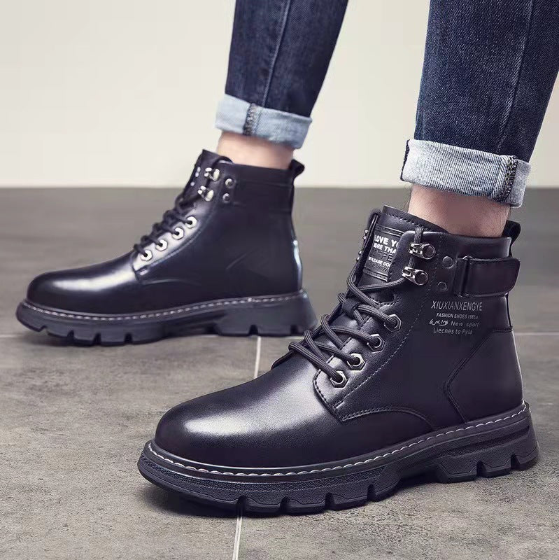Golden Heir men's mid-to-high-top Korean style boots with leather and decorative stitching, front view showing laces and sole details.