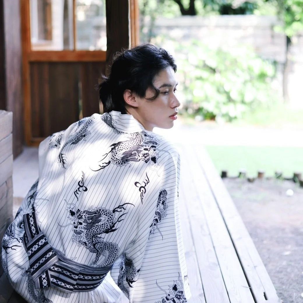 Men's traditional Japanese kimono bath robe by Golden Heir, featuring elegant fabric and classic design, front view.