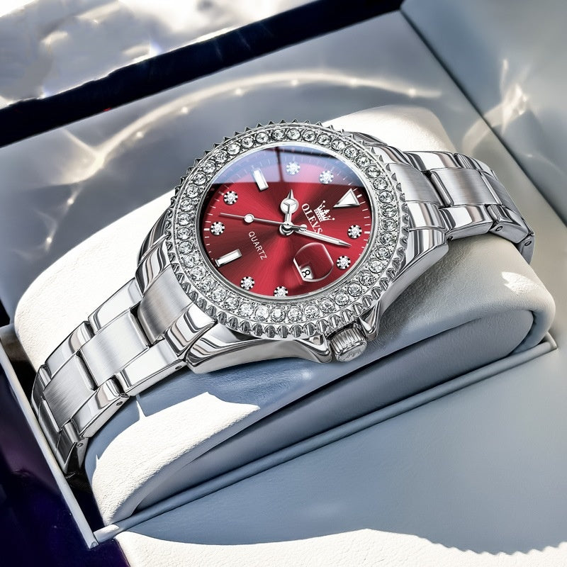 Golden Heir stylish business quartz women's watch with a sleek design and silver-tone dial on a leather strap.