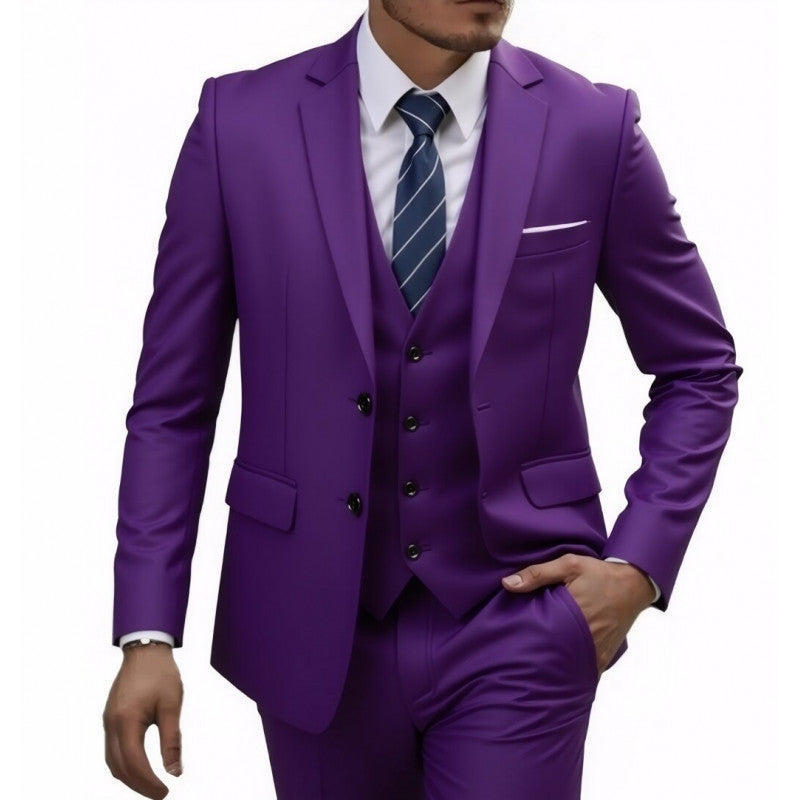 Golden Heir men's three-piece wedding best man blazer set, featuring a tailored suit with jacket, vest, and matching trousers.