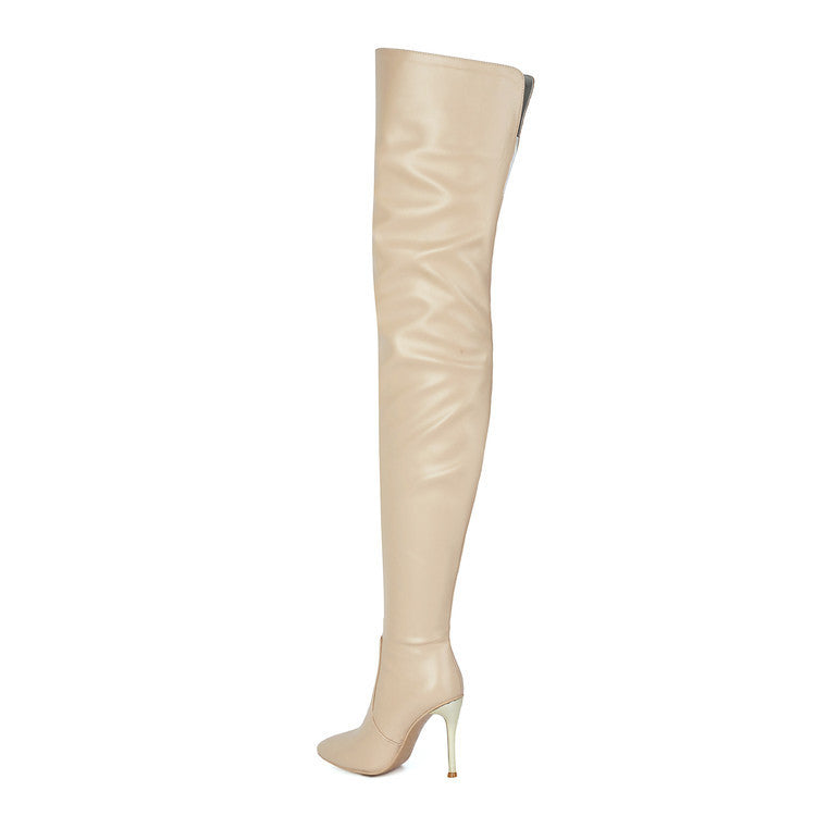 Golden Heir slimming pointed-toe over-the-knee boots with stiletto heels, showcasing sleek black leather design and tall silhouette.