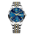 Golden Heir men's dual-calendar waterproof luminous quartz watch with black dial and stainless steel strap.