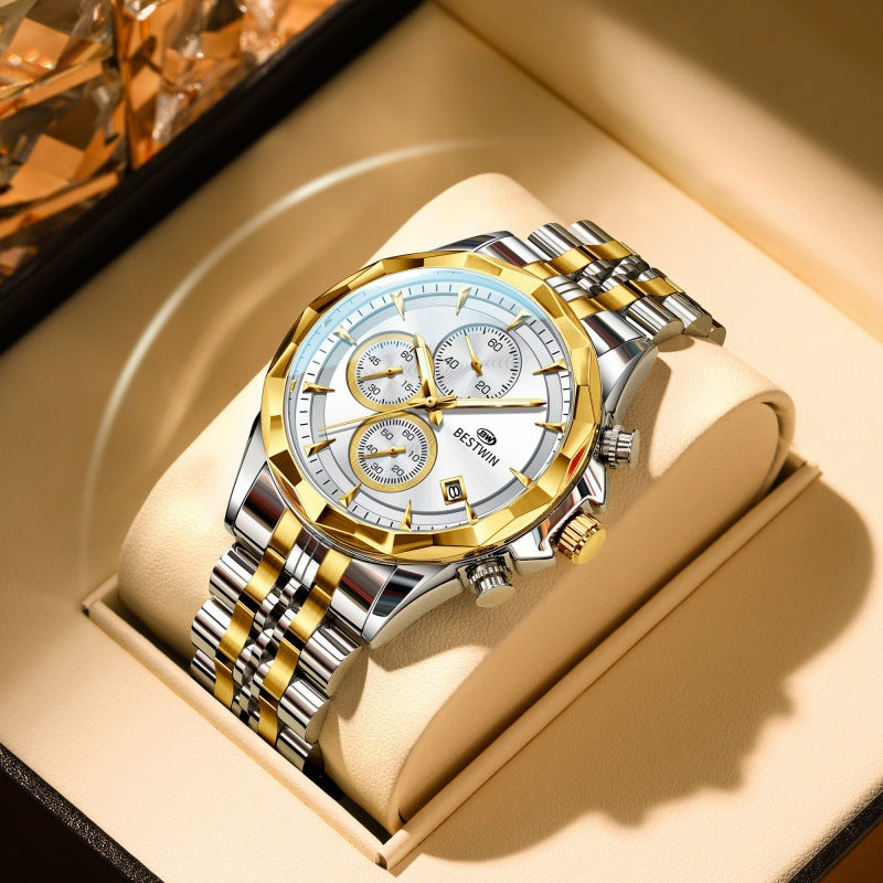Golden Heir men's luminous six-hand personalized watch with stylish design, featuring a sleek dial and eye-catching details.