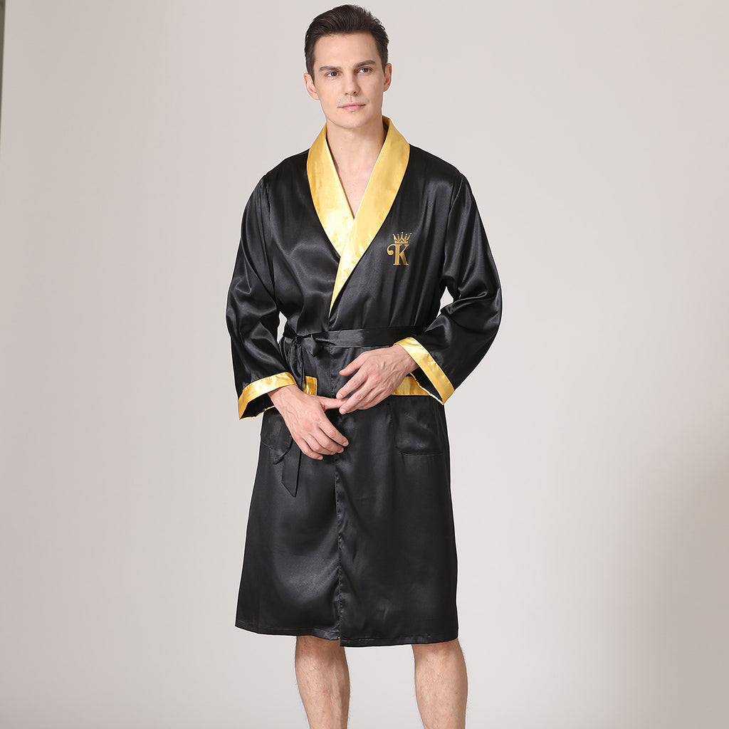 Golden Heir men's summer silk bathrobe nightgown, lightweight pajamas with a relaxed fit and soft fabric for comfortable sleepwear.