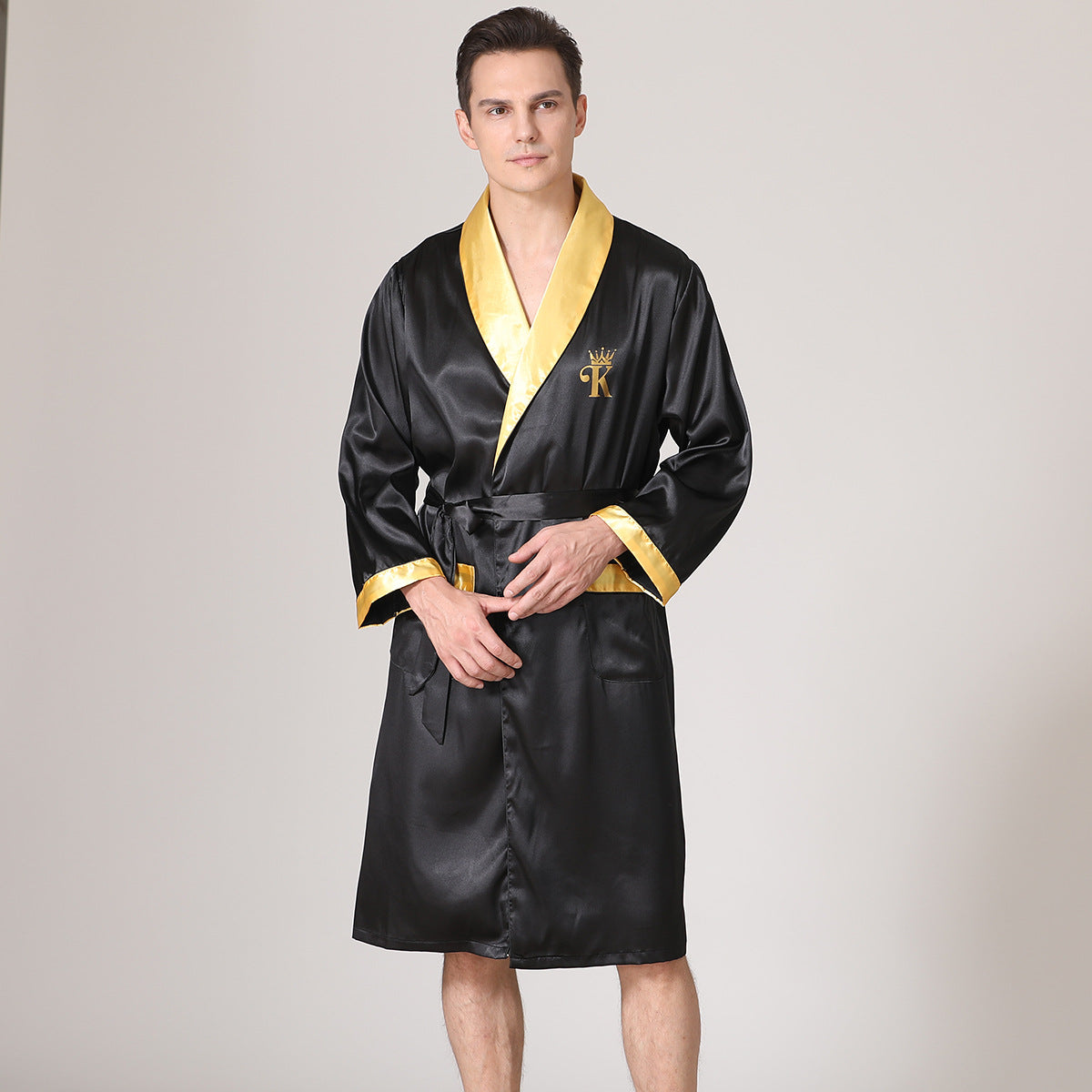 Golden Heir men's summer silk bathrobe nightgown, lightweight pajamas with a relaxed fit and soft fabric for comfortable sleepwear.