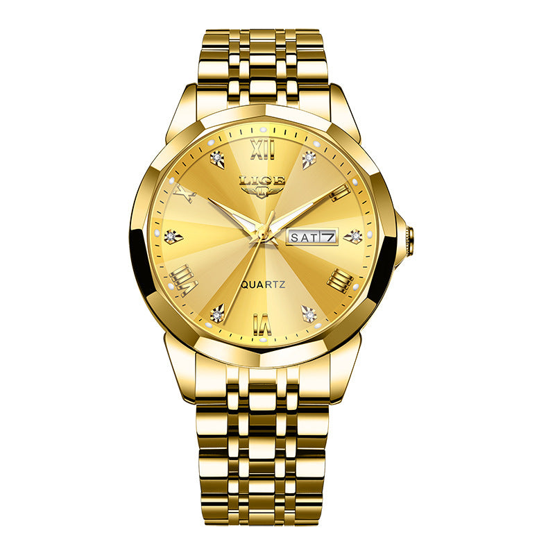 Golden Heir men's dual-calendar waterproof luminous quartz watch showing the watch face with luminous hands and dual calendar display.
