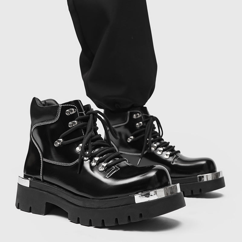 Golden Heir men's chunky-soled Dr Martens boots with rugged leather and sturdy laces, showcasing a versatile and stylish footwear design.