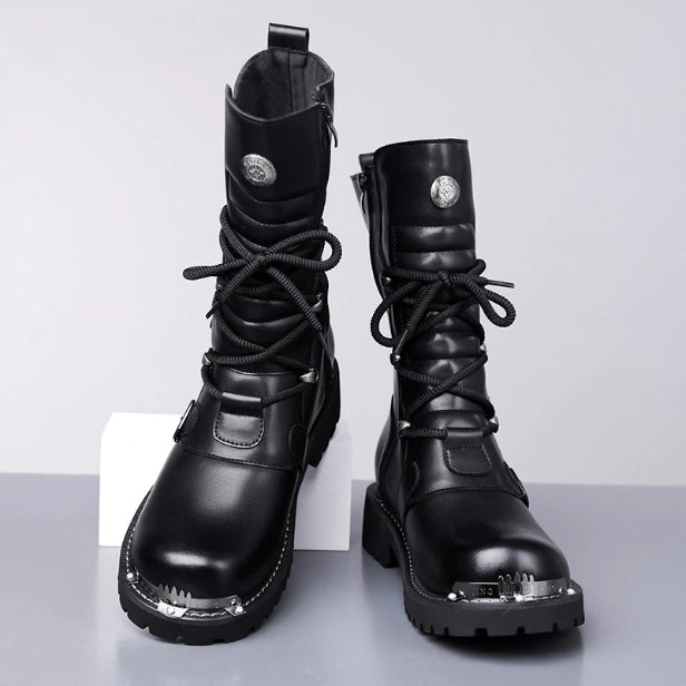 Golden Heir men's high-top riding boots in denim, featuring British-style vintage equestrian design for autumn and winter wear.