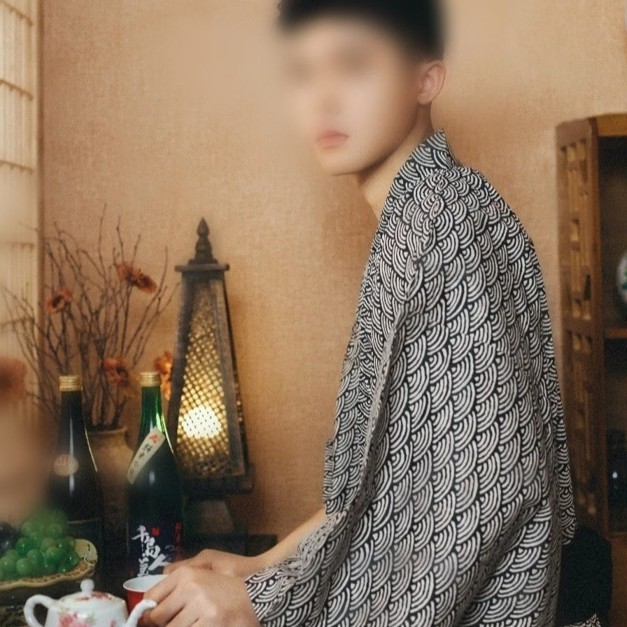Golden Heir men's traditional Japanese kimono bath robe with intricate patterns and soft fabric, displayed on a hanger.