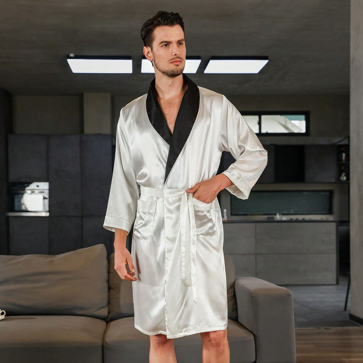 Golden Heir men's summer silk bathrobe nightgown, lightweight and luxurious pajamas, shown in soft silk fabric.