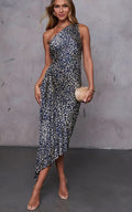 Golden Heir off-shoulder printed women's dress with ruched details, featuring a sexy and stylish design perfect for summer occasions.