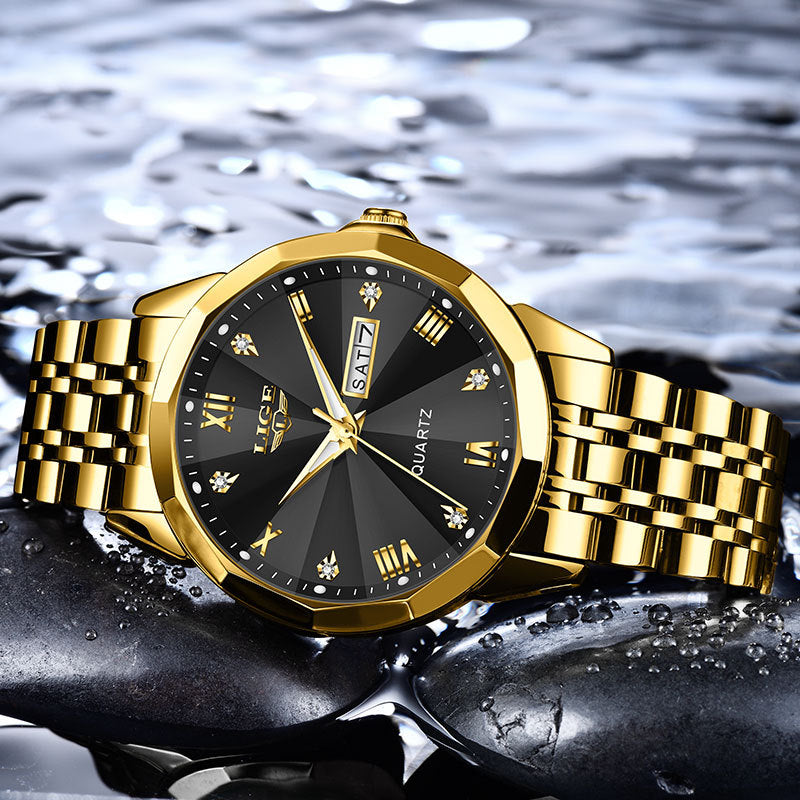Golden Heir men's waterproof luminous quartz watch showing dual calendars with luminous hands and a sleek black strap.