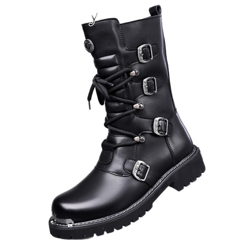 Golden Heir men's high-top riding boots in denim, featuring a vintage British-style design perfect for autumn and winter wear.
