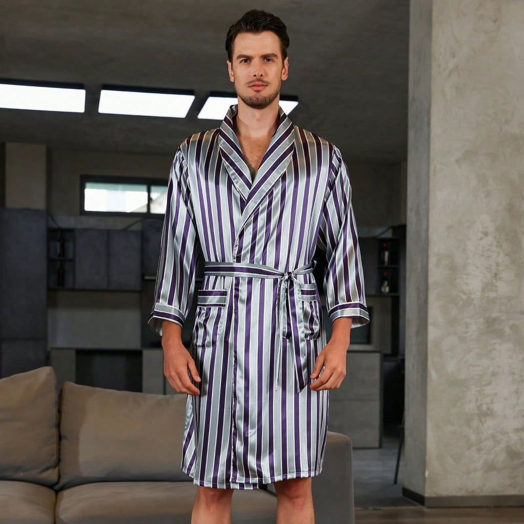Golden Heir men's summer silk bathrobe nightgown pajamas, lightweight and smooth fabric, displayed on a hanger or model.