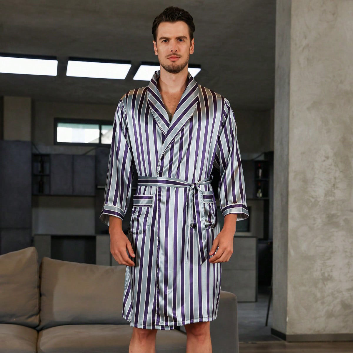 Golden Heir men's summer silk bathrobe nightgown pajamas, lightweight and luxurious sleepwear with a relaxed fit and soft silk fabric.