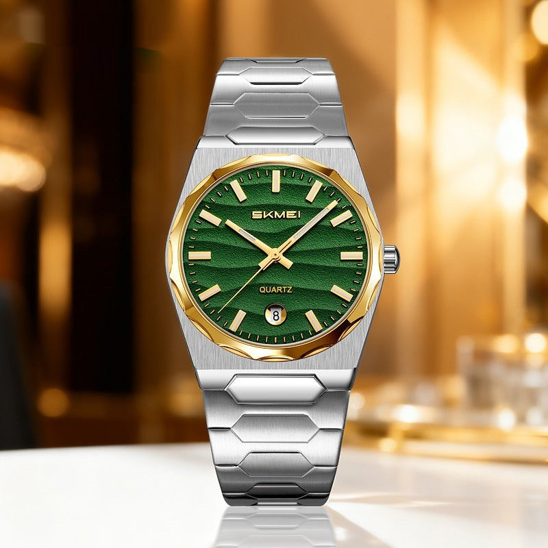 Golden Heir men's watch with a steel band and calendar function, featuring a sleek dial and durable metal strap.