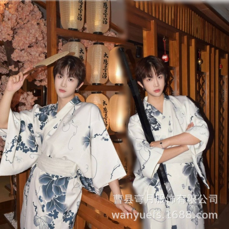 Men's traditional Japanese kimono bath robe by Golden Heir, featuring a comfortable, full-length design with intricate patterns and sash tie.