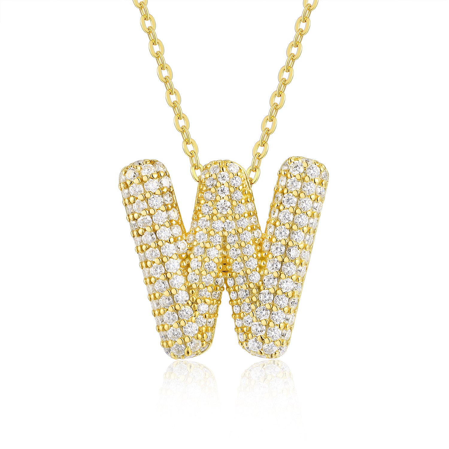 Golden Heir Bubble Letter W pendant necklace with S925 silver and gold plating, featuring top-quality moissanite gemstones, elegant jewelry.