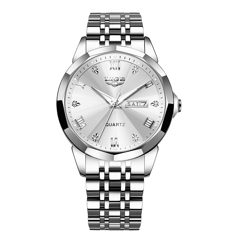 Golden Heir men's waterproof luminous quartz watch with dual-calendar display, stainless steel band, and luminous hands.