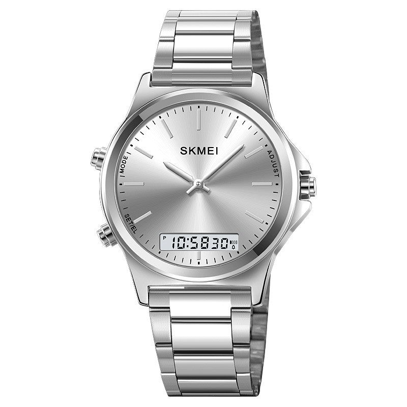 Golden Heir men's business-style multi-function steel-band watch showing a sleek black dial and stainless steel strap.